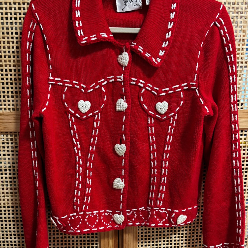 Vtg Michael Simon Heart Cardigan Sweater Red 90s Size S Womens